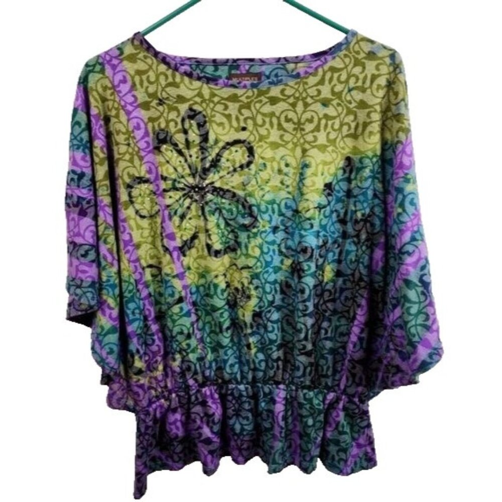 Multiples Womens Wearable Art Top Petite Small Green Purple‎ Floral Embellished